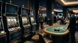 Editorial illustration of slot reels and a generic live casino table