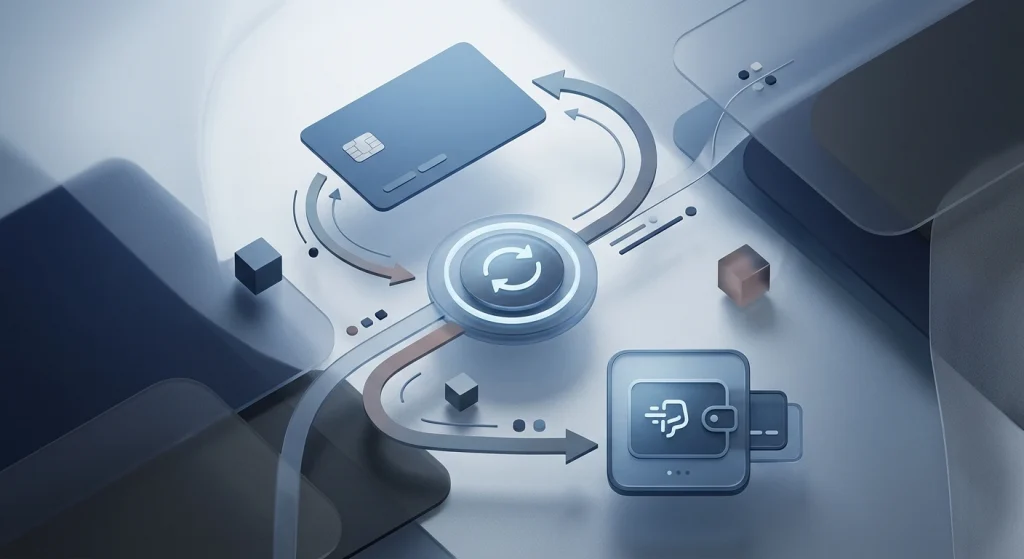 Illustration of debit card, bank transfer and digital wallet payment concepts