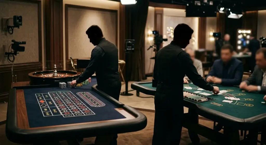 Illustration of neutral live dealer roulette and blackjack tables