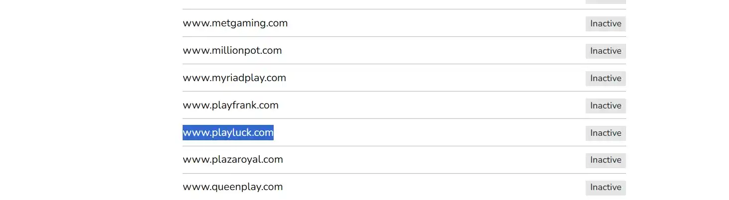 UK Gambling Commission domain register entry for Playluck