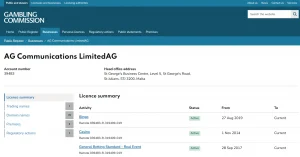 UK Gambling Commission record for AG Communications Limited